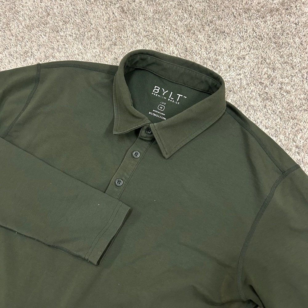 BYLT Long Sleeve Polo Size Medium Olive Green Lux Cotton Blend (FLAWS)